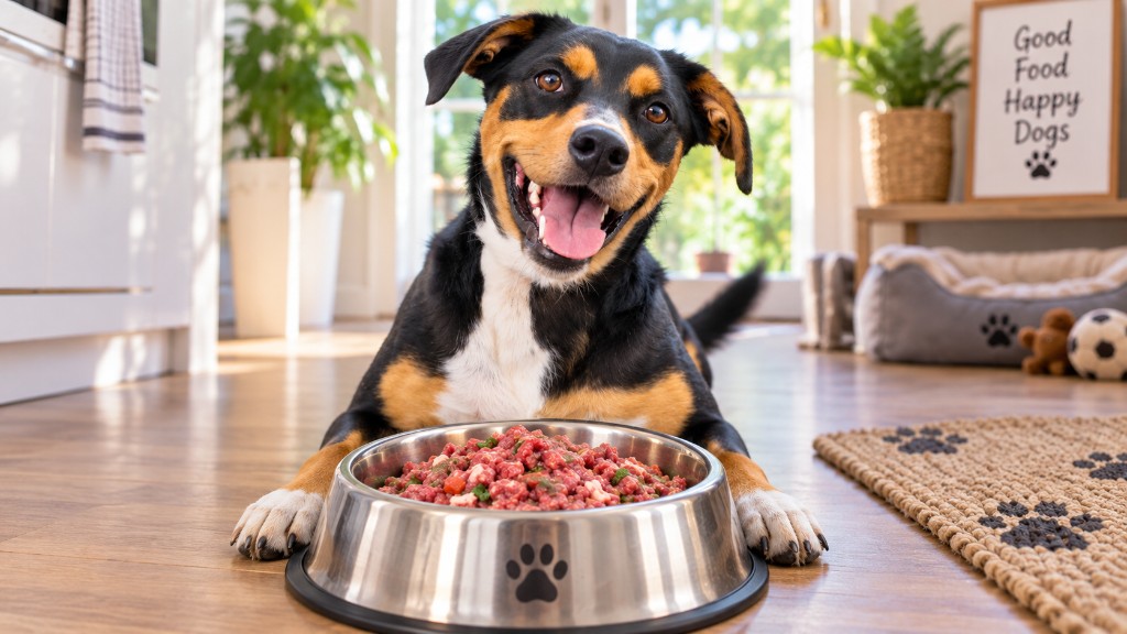 A smiling dog lying beside a bowl of fresh pet mince
