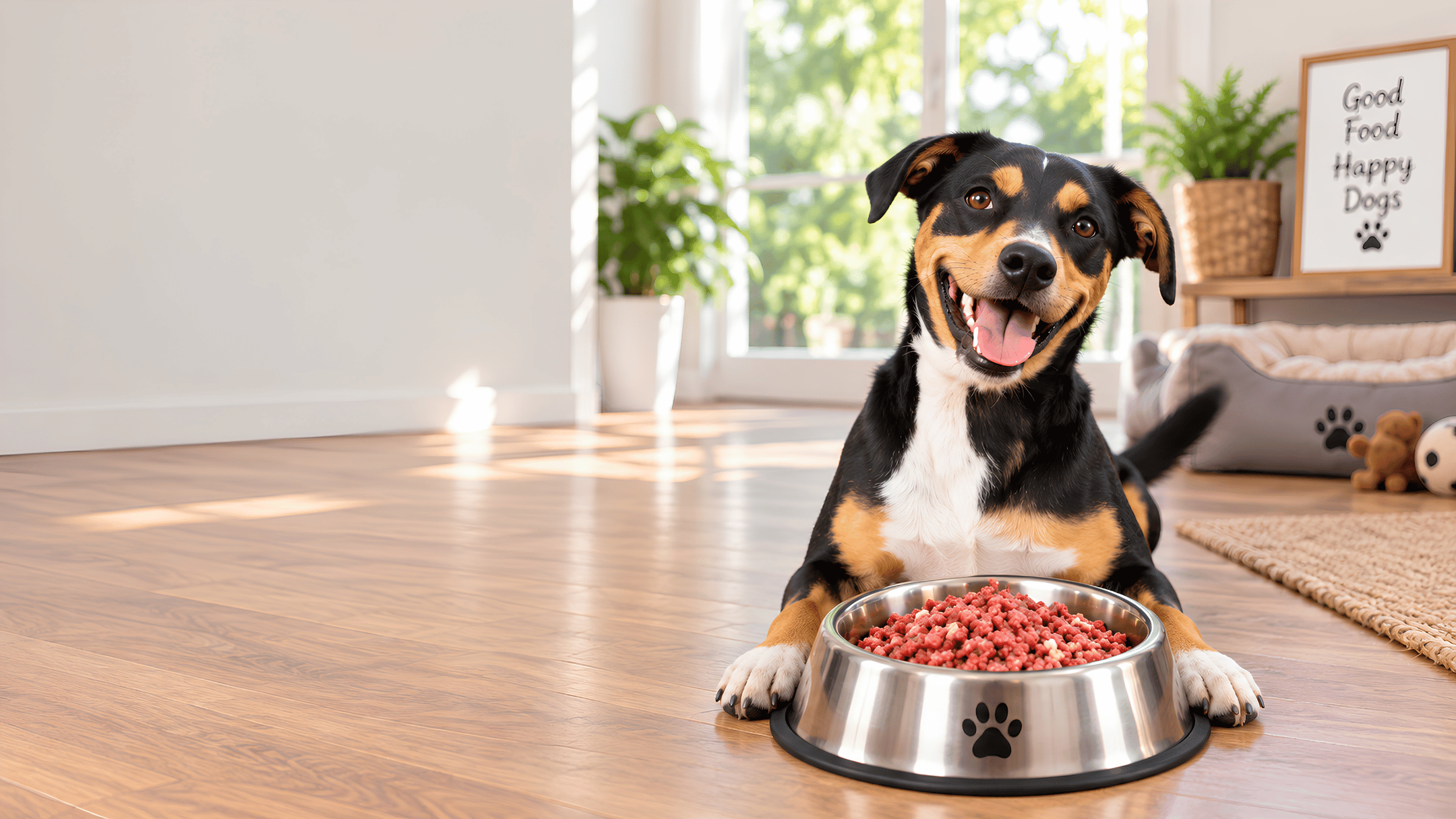 A smiling dog lying beside a bowl of fresh pet mince