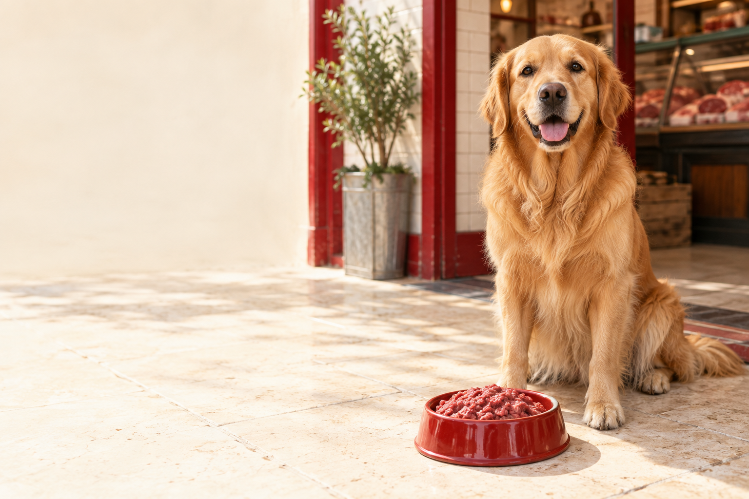 A golden retriever beside a red bowl of pet mince